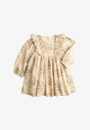 Robe bébé crème à manches longues avec motif floral pastel et détails à volants le long de la poitrine et des épaules, poignets élastiques aux manches.