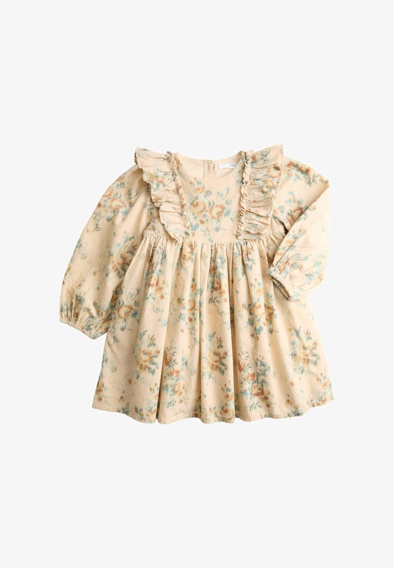 Vestido de bebé de manga larga color crema con estampado floral en tonos pastel y detalles fruncidos en el pecho y los hombros, puños elásticos en las mangas.