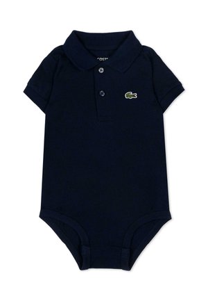Body neonato blu navy a maniche corte con colletto polo, due bottoni e piccolo logo coccodrillo verde sul petto.