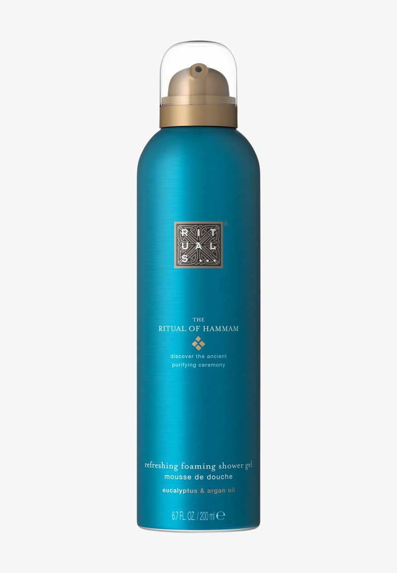 Hoge blauwe fles met gouden pompdeksel met label Ritual of Hammam verfrissende schuimende douchegel met eucalyptus en arganolie, inhoud 200 ml.