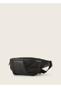 Zwarte nylon heupband met een gladde textuur, ritssluiting en een zijvak met een subtiel logo en gewatteerde accenten.