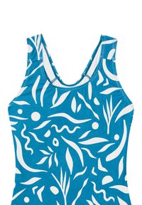 Modré plavky s vykrojeným výstřihem, vyrobené z texturované látky, zdobené bílými organickými tvary a vzory po celém povrchu.