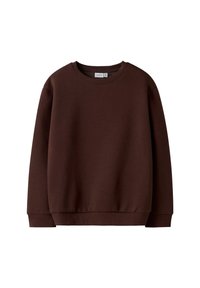 Sweatshirt uni marron foncé à col rond avec des manches longues et des poignets et un ourlet côtelés, sur fond blanc.