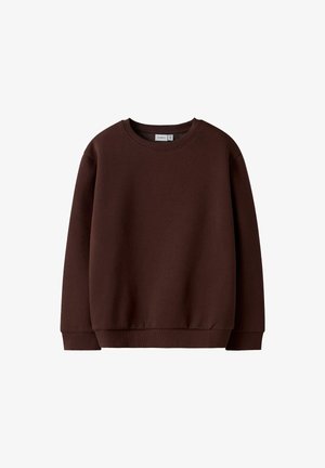 Sudadera de cuello redondo en un marrón oscuro liso, con mangas largas y puños y dobladillo acanalados, presentada sobre un fondo blanco.
