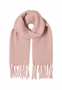 Blød pink uld tørklæde med frynsekanter, prydet med et loopede design og et lille broderet logo i den ene ende. Glat tekstur med minimal glans.