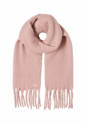 Soft pink wool scarf with fringe edges, featuring a looped design and small embroidered logo on one end. Smooth texture with minimal sheen.