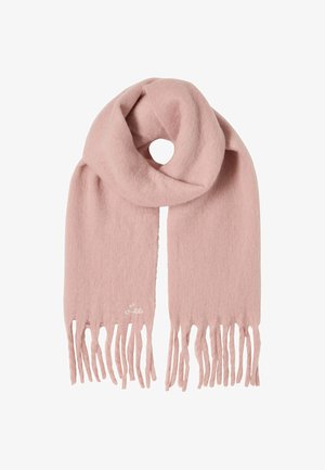 Miękki różowy wełniany szalik z frędzlami, z pętelkowym wzorem i małym haftowanym logo na jednym końcu. Gładka tekstura z minimalnym połyskiem.