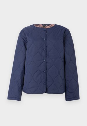 Navy blue quilted jacket with long sleeves, round neckline, and snap buttons down the front, showing a patterned inner lining.