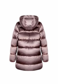 Pufferjack in glanzend mauve stof met een capuchon, voorzien van horizontale quiltsecties en elastische manchetten voor extra warmte.