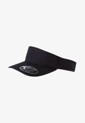 Casquette à visière noire en tissu avec un large bord et une sangle ajustable. Présente un logo argenté à l'avant pour le branding.