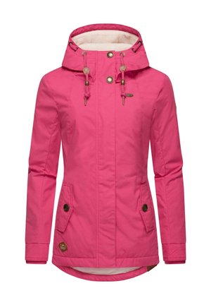 Veste imperméable rose avec capuche, dotée de cordons de serrage, de deux poches avant et d'une doublure douce. Tissu lisse avec des détails matériels minimalistes.