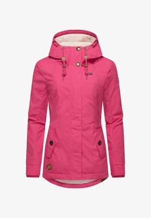 Pink waterproof jacket with a hood, featuring drawstrings, two front pockets, and a soft lining. Smooth fabric with minimal hardware details.
