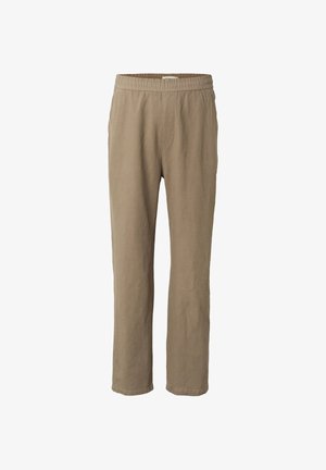 Beige herrebukser med elastisk midje, rette ben, uten synlige lommer eller pynt.