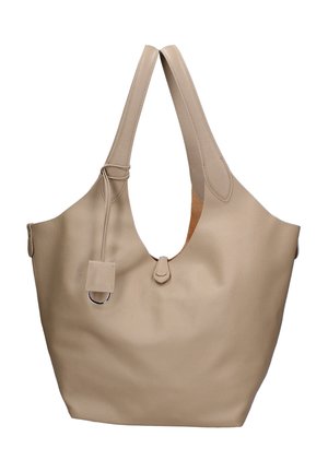 Borsa tote in pelle beige strutturata con struttura morbida, ampie spalline e piccola targhetta in pelle con anello metallico.