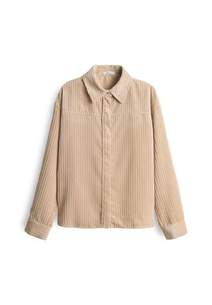 Beige corduroy overhemd met lange mouwen, een kraaghalslijn, een sluiting met knopen aan de voorkant en een geribde textuur. De manchetten hebben een gestreepte accen.