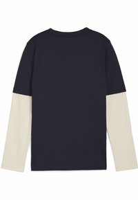 Langärmliges Shirt mit navyblauem Körper und cremefarbenen Ärmeln, aus Baumwolle mit glatter Textur gefertigt; Rundhalsausschnitt und genähte Säume.