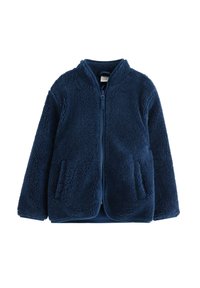 Marineblaue Fleecejacke mit Reißverschluss vorne, langen Ärmeln und zwei Seitentaschen. Verfügt über ein strukturiertes Material und ein Stehkragen-Design.