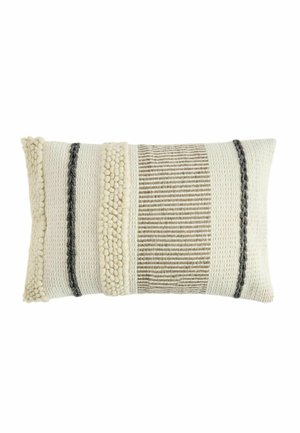 Rektangulær cremefarvet pude med strukturerede striber i beige, grå og sort, med vævede og pompom detaljer.
