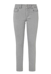 Jeans de denim gris claro ajustados, con cinco bolsillos, pasadores para cinturón, botón delantero y cierre de cremallera.