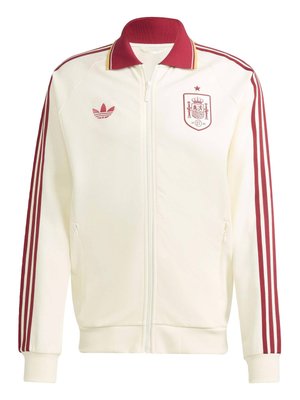 Weißes Sportjacke mit Reißverschluss, roten Streifen an den Ärmeln, rotem Kragen, Adidas-Logo auf der linken Brust und dem Emblem der spanischen Nationalmannschaft auf der rechten Brust.