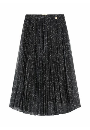 Czarna plisowana midi spódnica z małymi białymi groszkami oraz subtelnym złotym emblematem marki w pobliżu talii.