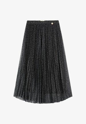 Czarna plisowana midi spódnica z małymi białymi groszkami oraz subtelnym złotym emblematem marki w pobliżu talii.