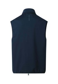 Navyblauw mouwloos vest met hoge kraag, elastische zoom en kleine witte tekst "Hackett Sport" in het midden van de bovenrug.
