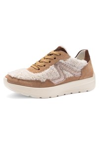 Brown and beige sneaker with beige laces, white sherpa fabric on upper, textured side detail, and thick white sole.