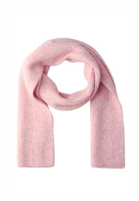 Scarf in maglia a coste rosa con una texture morbida, caratterizzato da un design ad anello per una facile indossabilità. Il tessuto presenta leggere variazioni di colore.