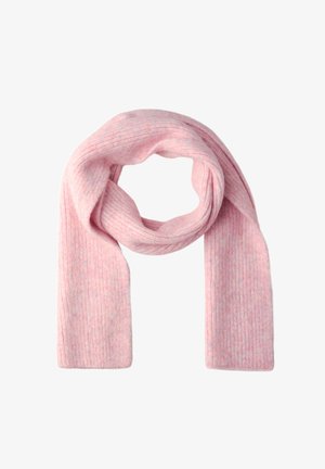 Scarf in maglia a coste rosa con una texture morbida, caratterizzato da un design ad anello per una facile indossabilità. Il tessuto presenta leggere variazioni di colore.