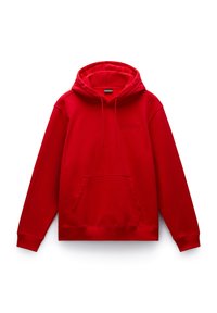 Felpa rossa con cappuccio regolabile, tasca a marsupio frontale, polsini a coste e un piccolo logo in rilievo sul petto. Materiale morbido in misto cotone.