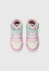 High-top sneakers in pink, white, and mint green. Features mesh fabric, padded collars, and multiple eyelets with color-blocked design.