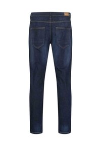 Dark blue denim jeans with a slim fit, featuring a straight leg, two back pockets, and a leather label on the waistband.