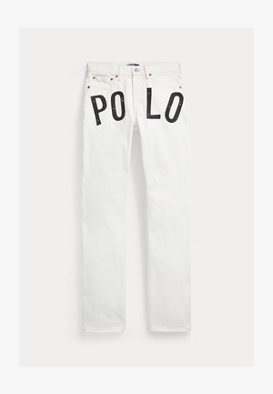 Blugi albi cu croială dreaptă, cu text negru „PO LO” tipărit în partea superioară frontală, lângă buzunare și talie.