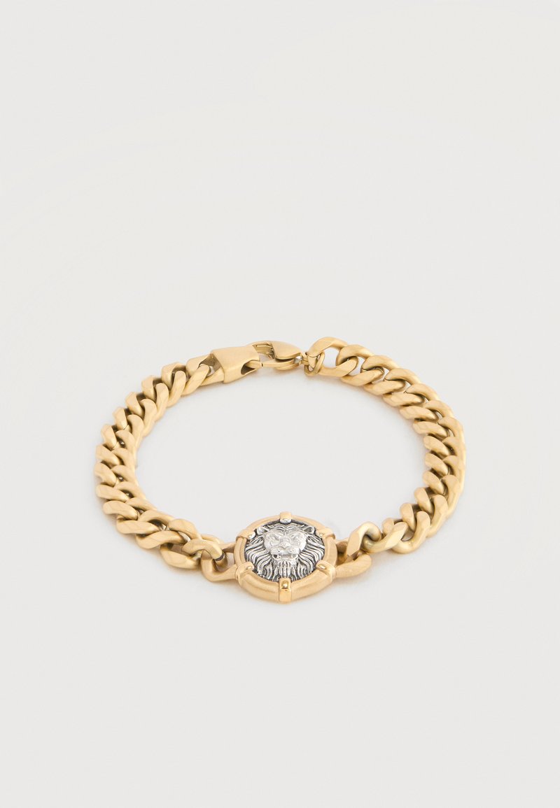 Gouden kettingarmband met een zilveren leeuwenkop-embleem in het midden en een veilige sluiting, afgebeeld op een witte achtergrond.