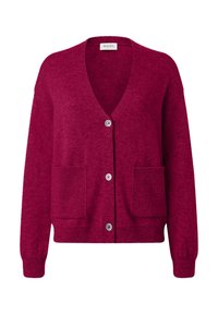 Deep red knitted cardigan with long sleeves, V-neck, three front buttons, and two ribbed patch pockets on a white background.