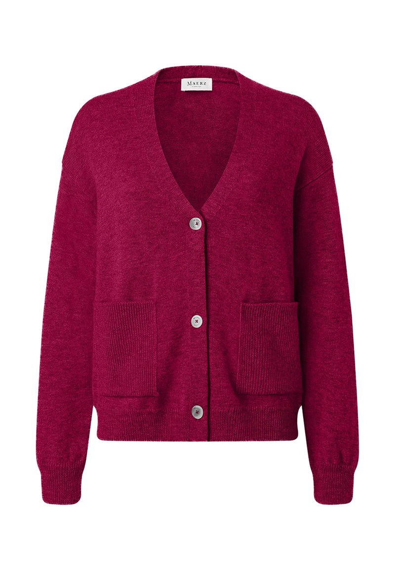 Deep red knitted cardigan with long sleeves, V-neck, three front buttons, and two ribbed patch pockets on a white background.