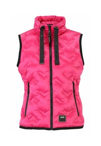 Gestepptes pinkes ärmelloses Westchen mit hohem Kragen, schwarzem Reißverschluss, Fronttaschen und kontrastierenden schwarzen Säumen. Verfügt über ein strukturiertes Zickzackmuster.