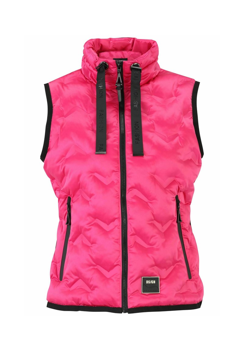 Gestepptes pinkes ärmelloses Westchen mit hohem Kragen, schwarzem Reißverschluss, Fronttaschen und kontrastierenden schwarzen Säumen. Verfügt über ein strukturiertes Zickzackmuster.