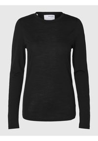 Sort langærmet T-shirt med rund hals. Fremstillet af et blødt, struktureret stof med en let løs pasform. Ingen mønstre eller synlige hardwaredetaljer.