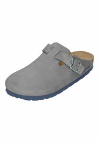 Gray suede clog with two adjustable straps and silver buckles, featuring a natural cork footbed and a blue rubber sole.
