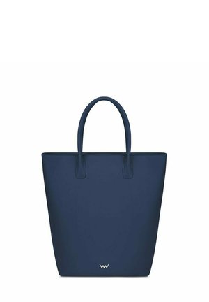 Tmavě modrá taška přes rameno vyrobená z umělého materiálu, s dvěma ušima a minimalistickým designem bez dalších vzorů či kovových akcentů.