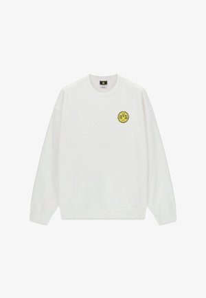 Felpa bianca con scollo tondo, maniche lunghe e piccolo logo giallo Borussia Dortmund BVB 09 sul petto sinistro.