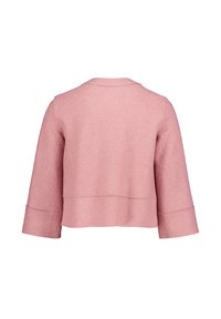 Světle růžová bunda z vlněné směsi s cropped střihem, tříčtvrtečními rukávy a jednoduchým límcem. Hladká textura s jemným povrchem.