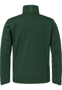 Dark green synthetic jacket with a high collar, long sleeves, and contrasting textured stitching along the collar. Clean, minimalist design.