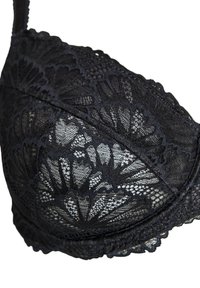 Black lace bra featuring intricate floral patterns, sheer texture, and scalloped edges. The design emphasizes delicate detailing and elegant lines.