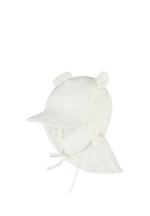 Weißer Baby-Sonnenhut mit kleinen Stoffohren, einem vorderen Schirm, Nackenschutz und Kinnbändern.