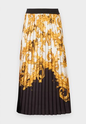 Fustă midi plisată cu talie neagră, având o bază albă cu modele aurii baroce ornamentale în formă de spirale, estompate în negru solid la tiv.