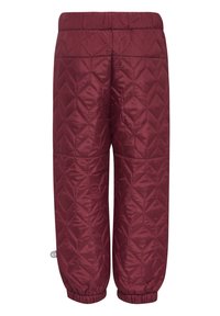 Vadderade burgundy byxor med elastisk midja och rynkade ärmslut, som har ett diamantmönster för textur och isolering.