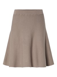 Taupe strikket A-linjett skjørt med bred elastisk midjebånd og subtil tekstur, som faller over kneet.